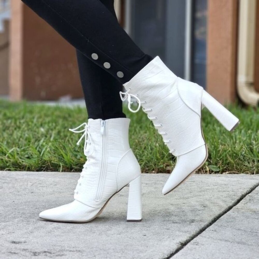 Women's Pointed Toe Chunky High Heel Lace Up Boots White Color